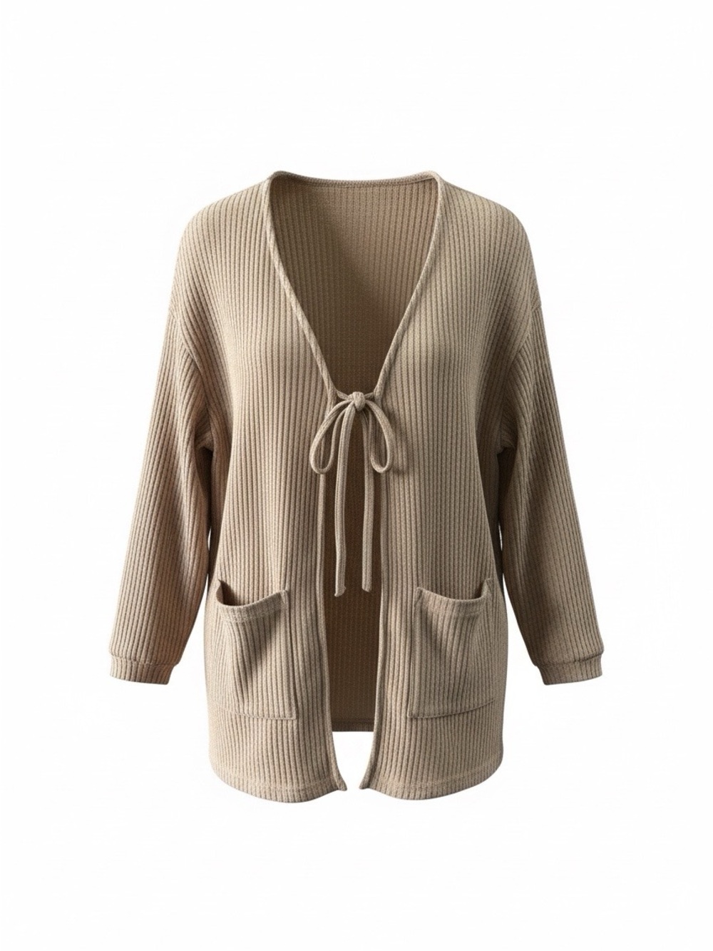 Tie-Front Ribbed Open Cardigan Sweater - Beige